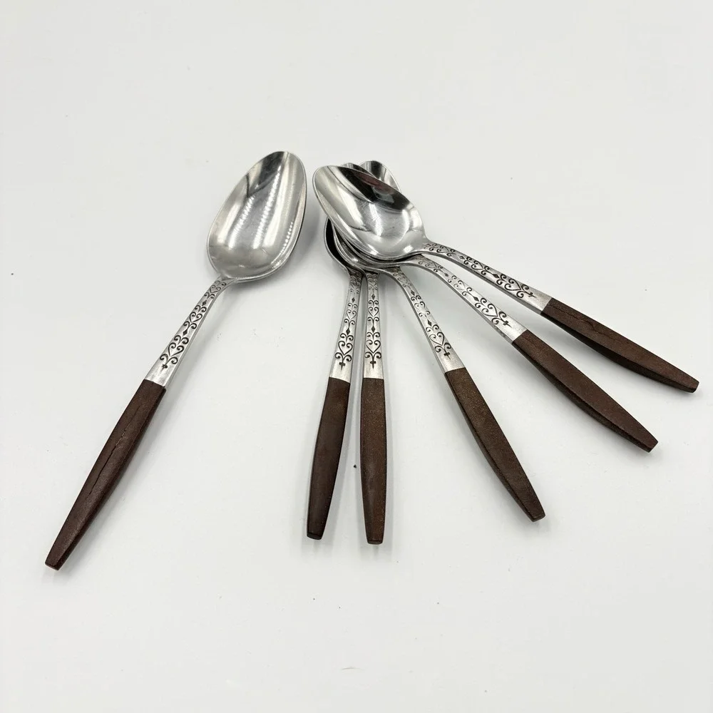 Interpur MCM Set-Spoons Stainless Faux Wood Handle‎ 5 Teaspoons 1 Tablespoon Rd